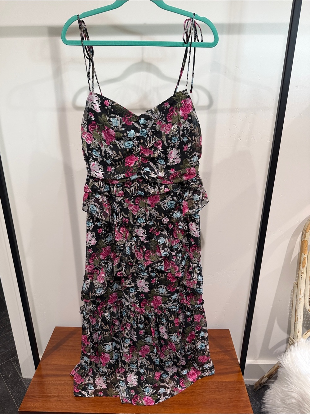 Floral Tiered Maxi Dress - Black with Pink & Blue Floral